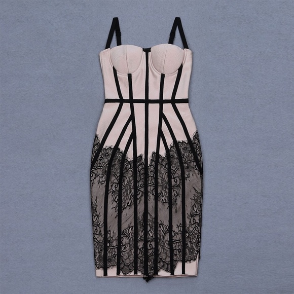 🎥 Bandage Style Lace Detail Nude Dress - Picture 10 of 17